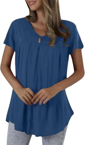 Plus Size Tunic Top for Women Casual V Neck Short Sleeve Loose Fit Pleated Blouse Summer Solid Color Basic Tee Shirt