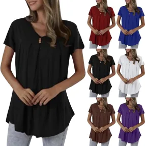 Plus Size Tunic Top for Women Casual V Neck Short Sleeve Loose Fit Pleated Blouse Summer Solid Color Basic Tee Shirt