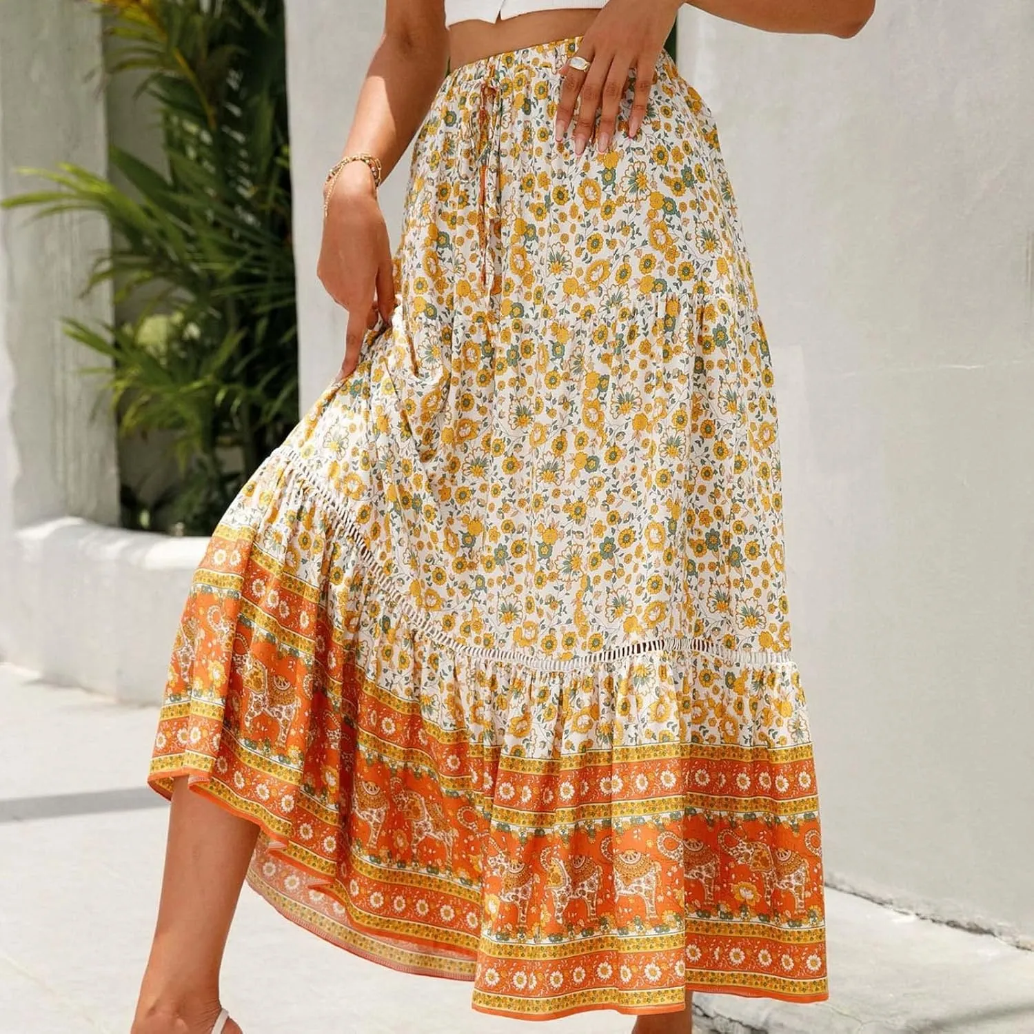 Ruziyoog Womens Boho Floral Print Summer Dress Maxi Skirt High Waisted Flowy Tiered Skirt Vacation Beach Swing A-Line Skirts