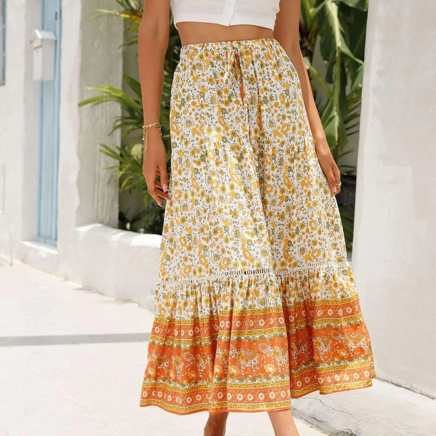 Ruziyoog Womens Boho Floral Print Summer Dress Maxi Skirt High Waisted Flowy Tiered Skirt Vacation Beach Swing A-Line Skirts