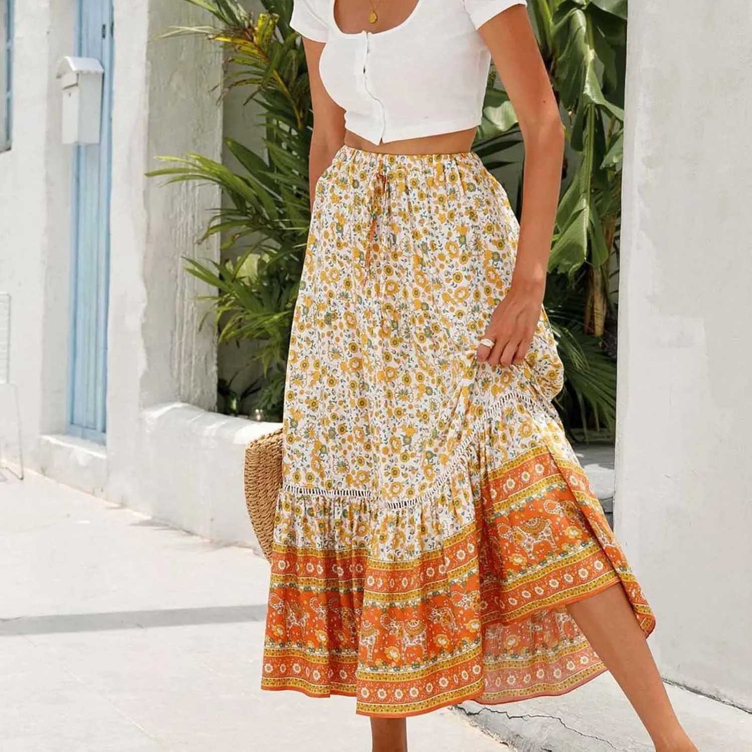 Ruziyoog Womens Boho Floral Print Summer Dress Maxi Skirt High Waisted Flowy Tiered Skirt Vacation Beach Swing A-Line Skirts