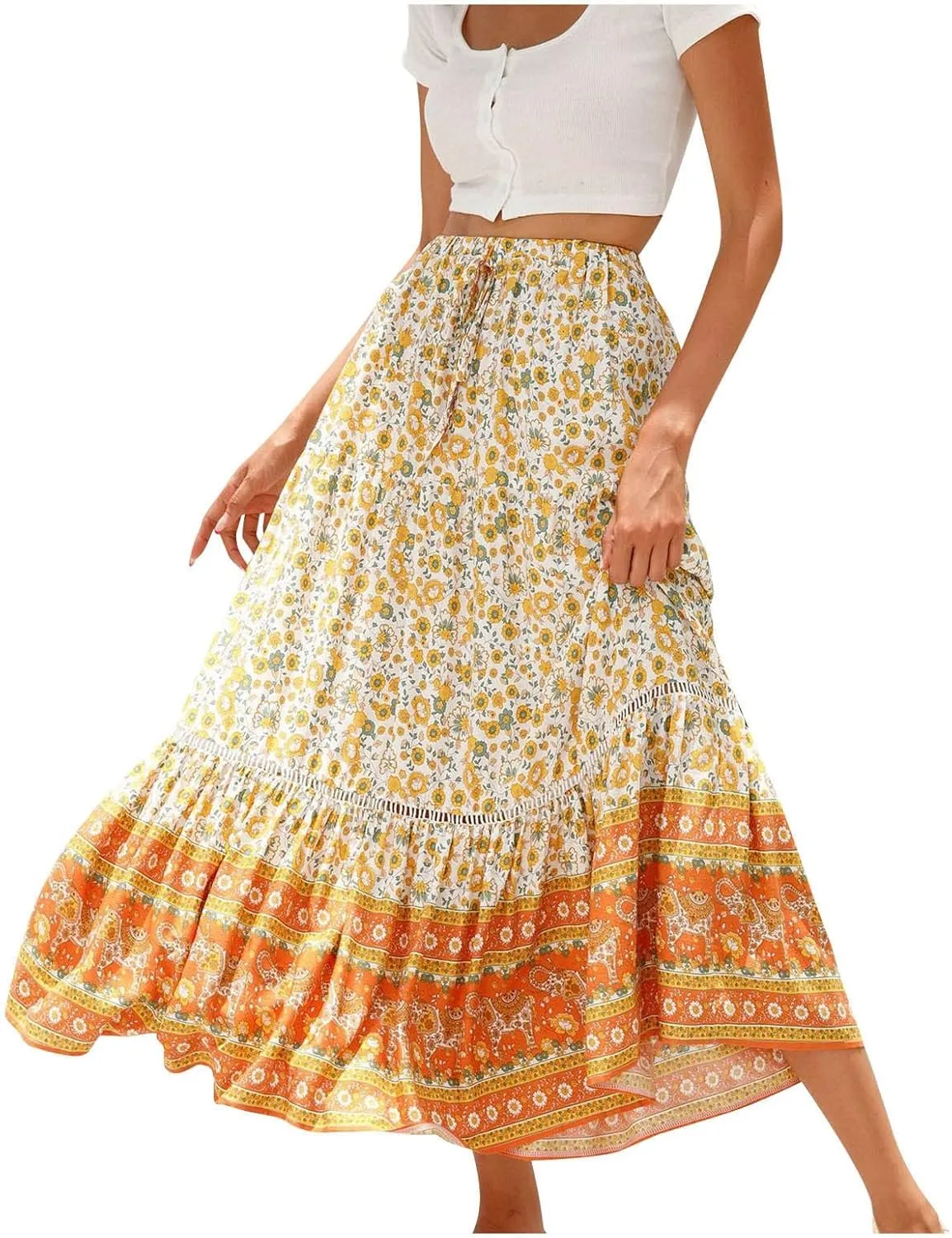 Ruziyoog Womens Boho Floral Print Summer Dress Maxi Skirt High Waisted Flowy Tiered Skirt Vacation Beach Swing A-Line Skirts