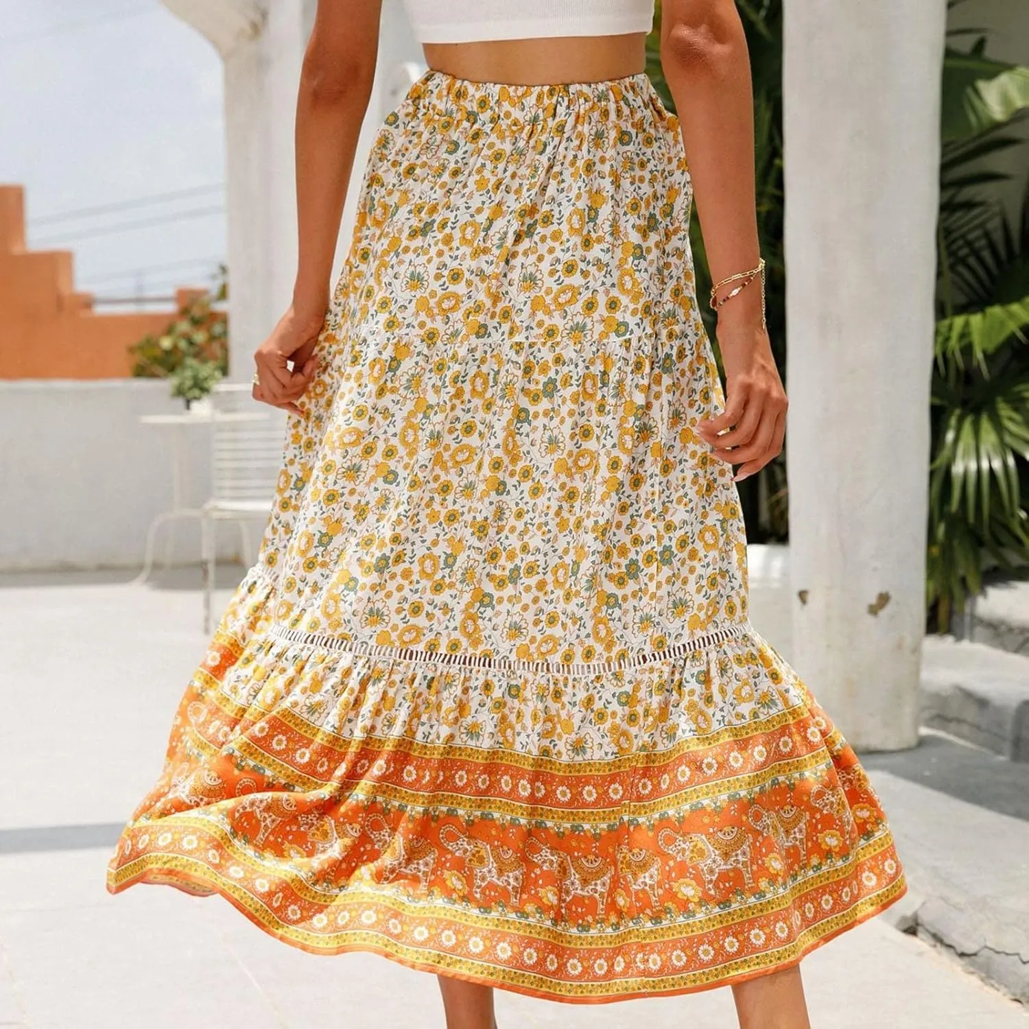 Ruziyoog Womens Boho Floral Print Summer Dress Maxi Skirt High Waisted Flowy Tiered Skirt Vacation Beach Swing A-Line Skirts