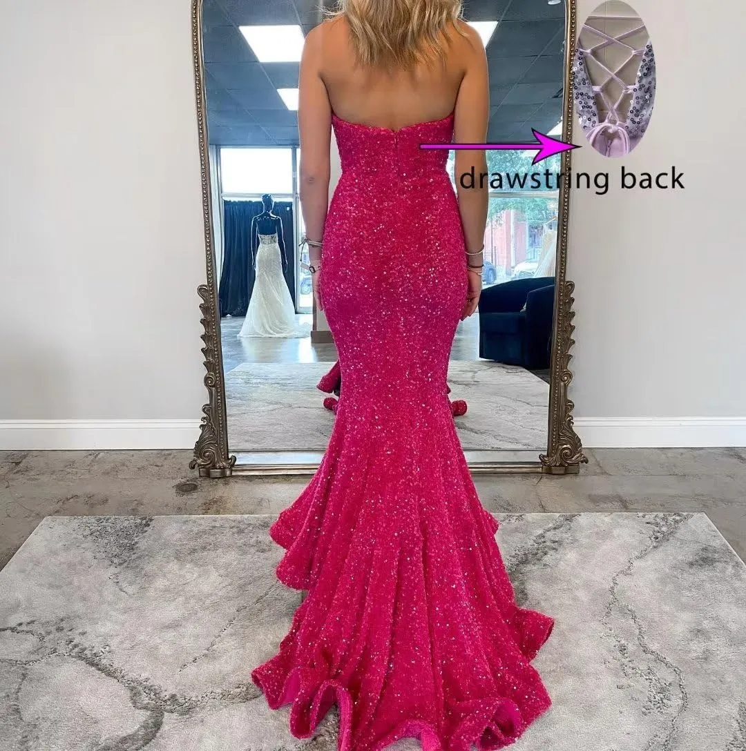 Sequin Mermaid Prom Dresses for Women Strapless V Neck Sparkly Long Bodycon Formal Evening Gowns