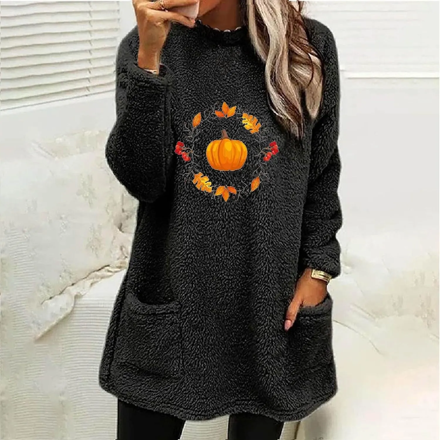 SHAOBGE Fleece Sherpa Pullover for Women Casual Crewneck Pullover Winter Warm Faux Fur Sweatshirts Loungwear Tops with Pocket