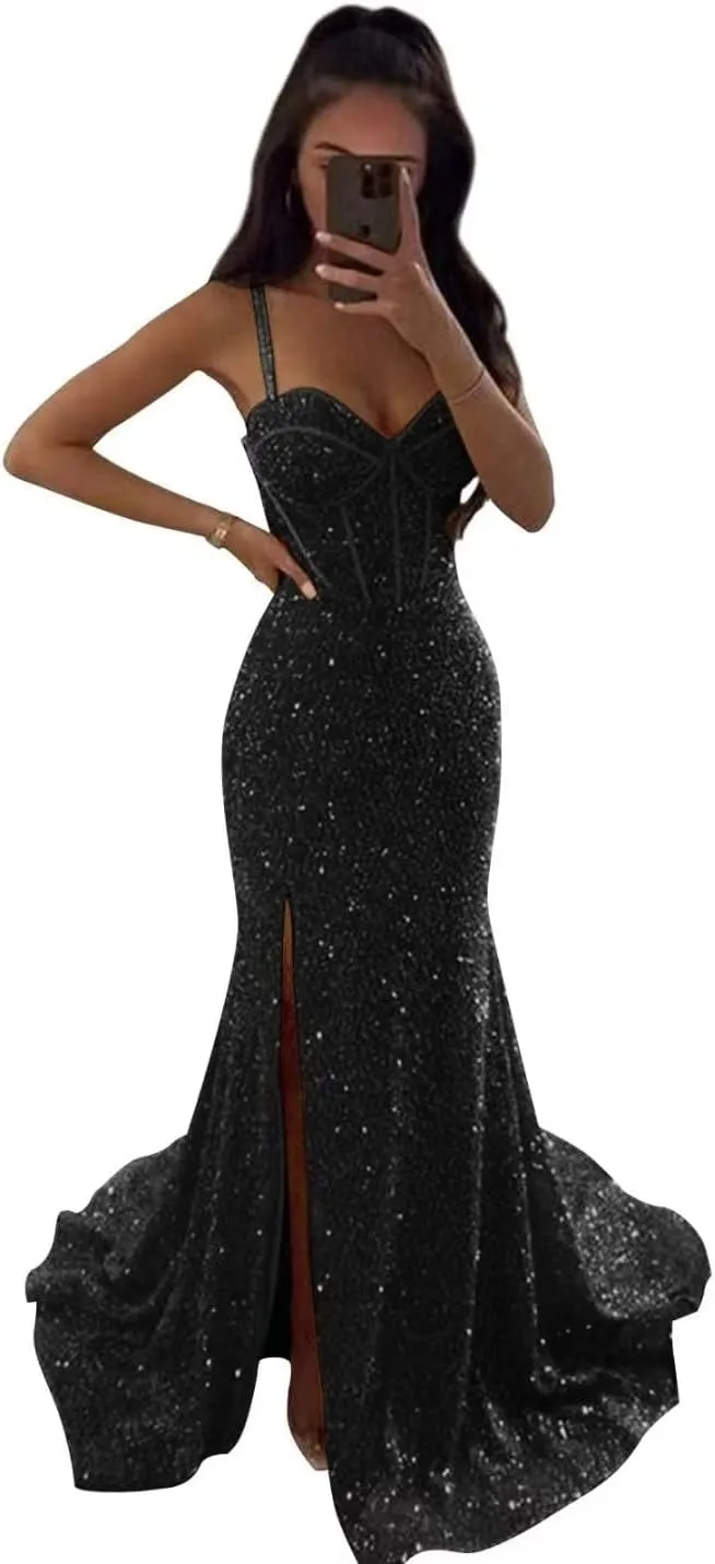 Sparkly Corset Prom Dresses for Women 2023 Sequin Spaghetti Straps Mermaid Bodycon Formal Evening Party Dress