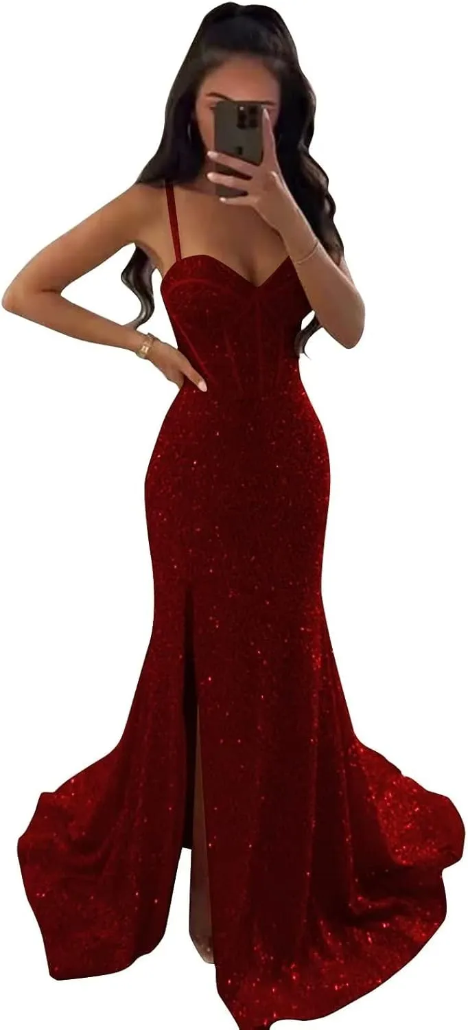 Sparkly Corset Prom Dresses for Women 2023 Sequin Spaghetti Straps Mermaid Bodycon Formal Evening Party Dress