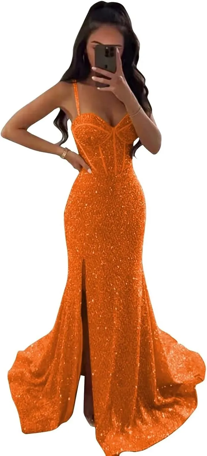 Sparkly Corset Prom Dresses for Women 2023 Sequin Spaghetti Straps Mermaid Bodycon Formal Evening Party Dress