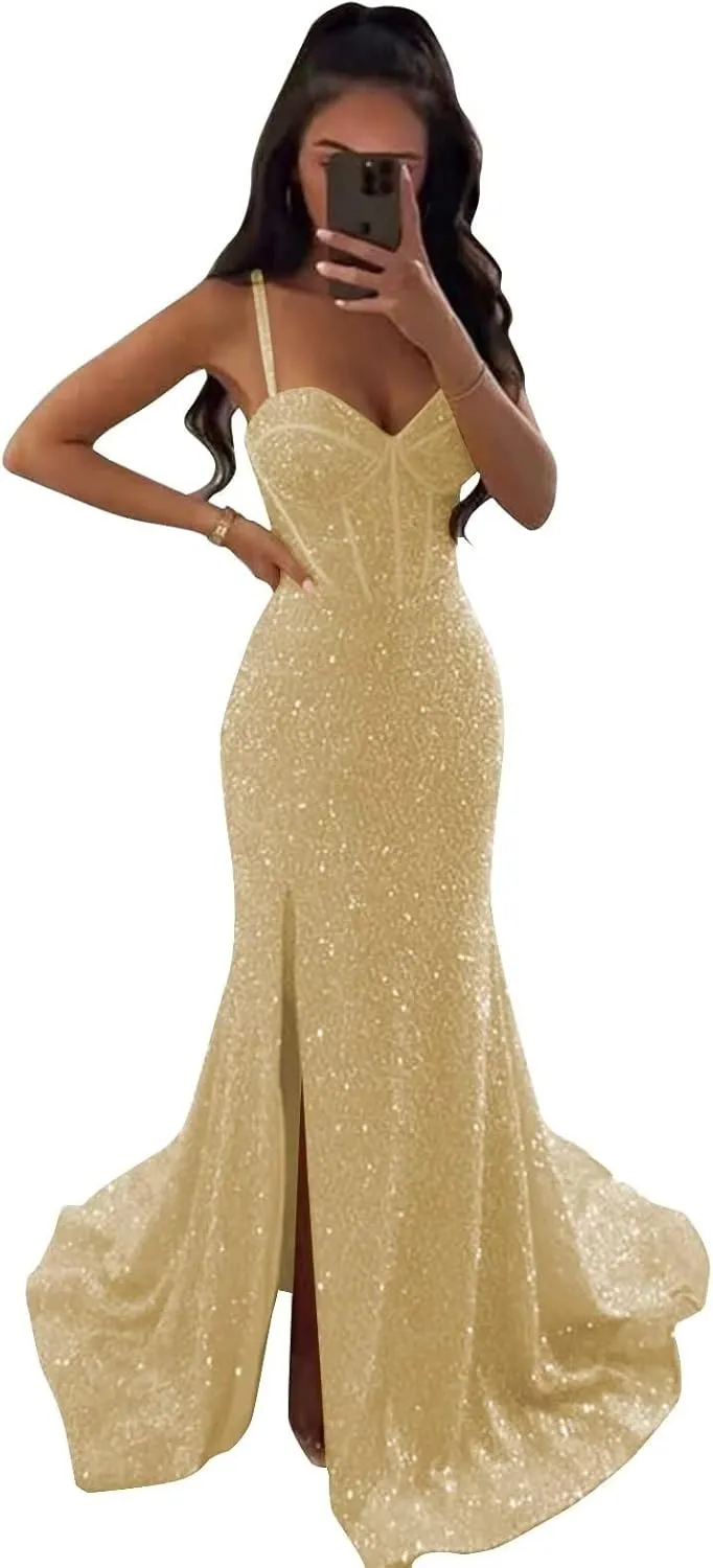 Sparkly Corset Prom Dresses for Women 2023 Sequin Spaghetti Straps Mermaid Bodycon Formal Evening Party Dress