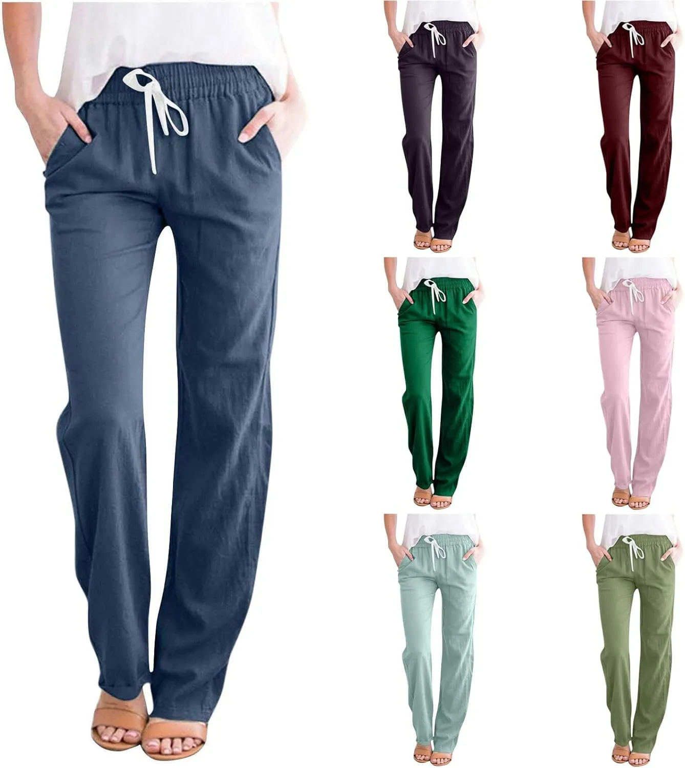 Spring Pants for Women 2024 Casual Elastic High Waist Linen Lounge Pant Straight Leg Trousers Resort Wear Outfits