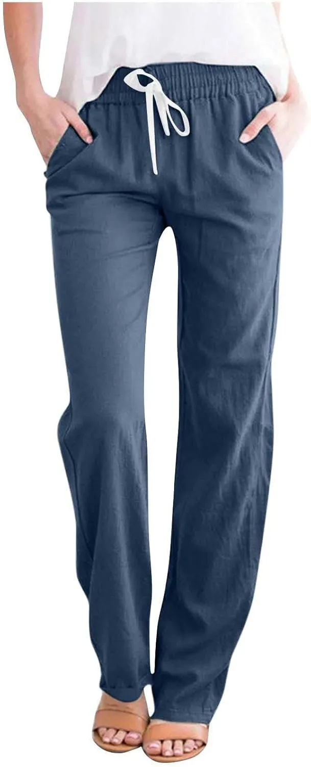 Spring Pants for Women 2024 Casual Elastic High Waist Linen Lounge Pant Straight Leg Trousers Resort Wear Outfits