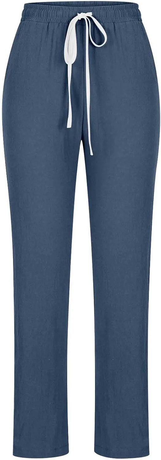 Spring Pants for Women 2024 Casual Elastic High Waist Linen Lounge Pant Straight Leg Trousers Resort Wear Outfits