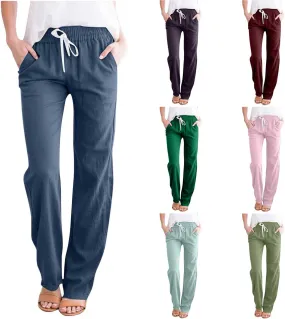 Spring Pants for Women 2024 Casual Elastic High Waist Linen Lounge Pant Straight Leg Trousers Resort Wear Outfits