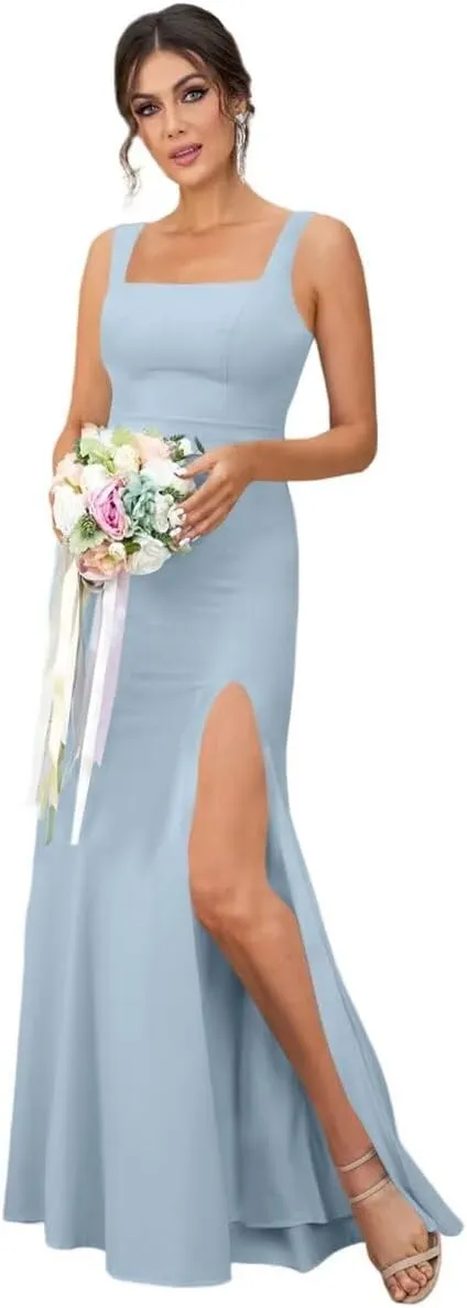 Square Neck Long Bridesmaid Dresses with Slit Straps Mermaid Chiffon Evening Dress for Women Formal Gown WO041