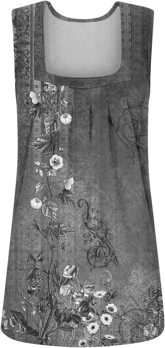 Summer Tank Tops for Women Pleated Square Neck Sleeveless Shirts Casual Printed Loose Fit Trendy Blouses