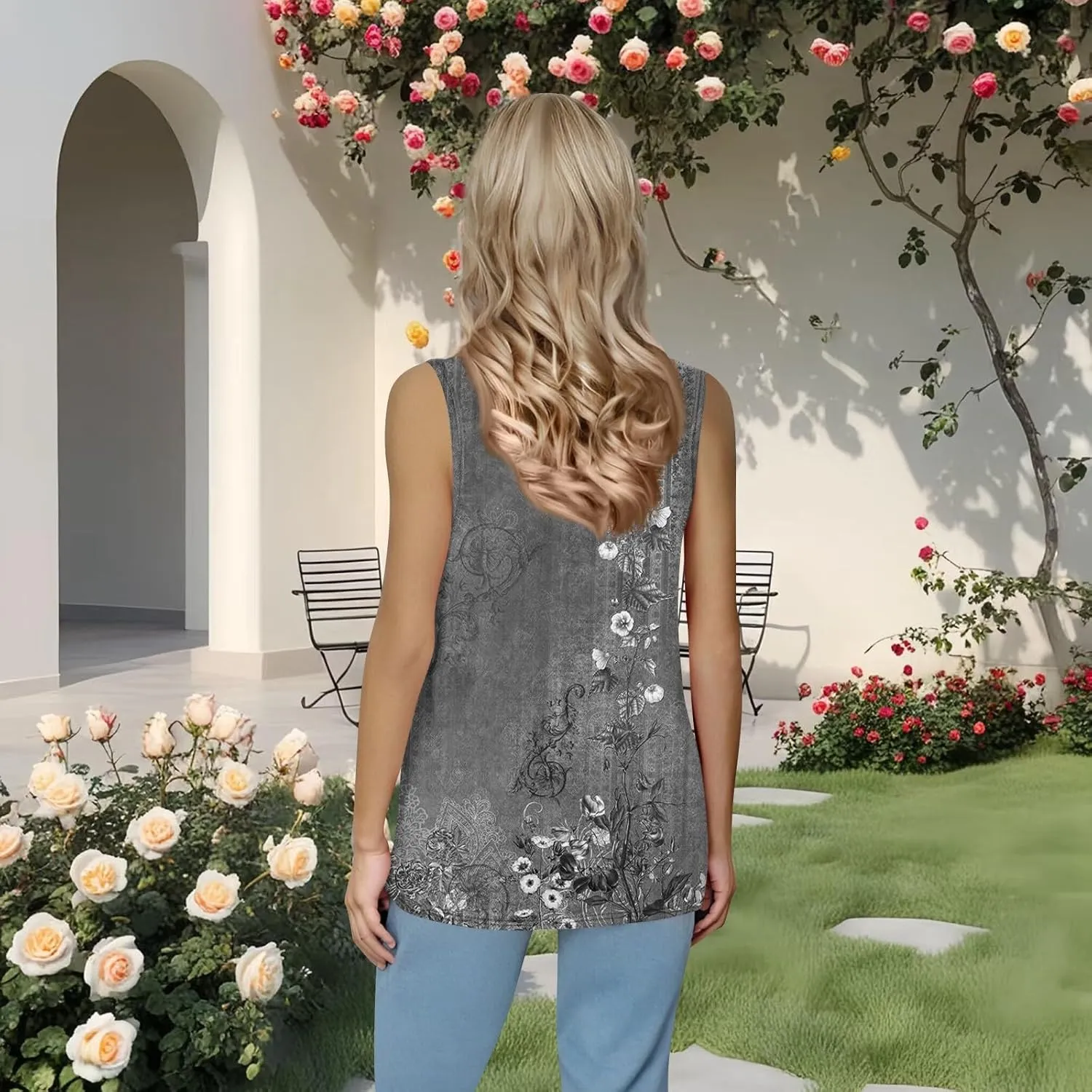 Summer Tank Tops for Women Pleated Square Neck Sleeveless Shirts Casual Printed Loose Fit Trendy Blouses