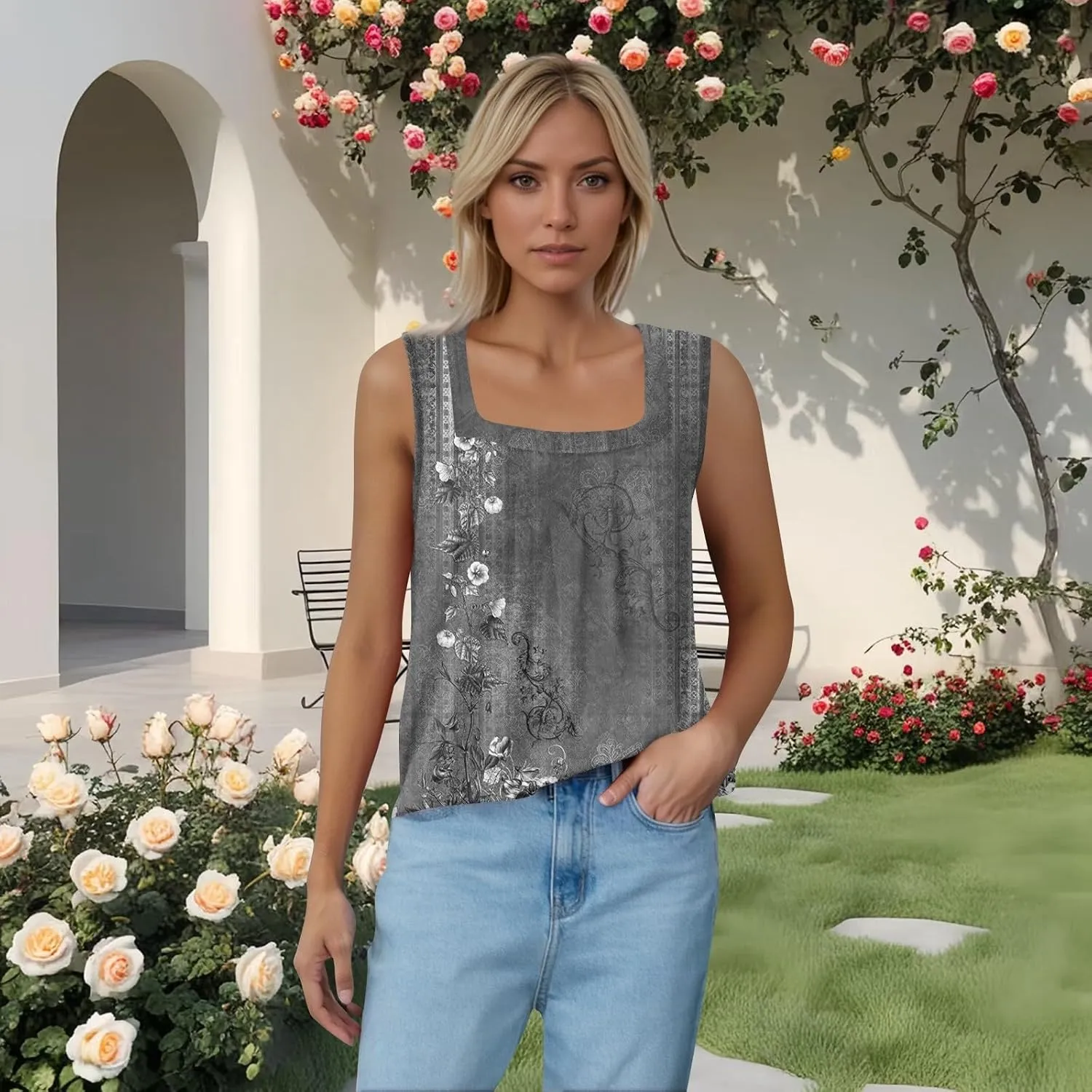 Summer Tank Tops for Women Pleated Square Neck Sleeveless Shirts Casual Printed Loose Fit Trendy Blouses
