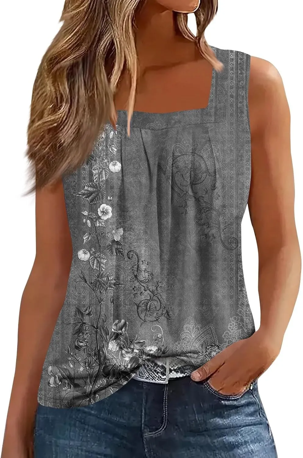 Summer Tank Tops for Women Pleated Square Neck Sleeveless Shirts Casual Printed Loose Fit Trendy Blouses