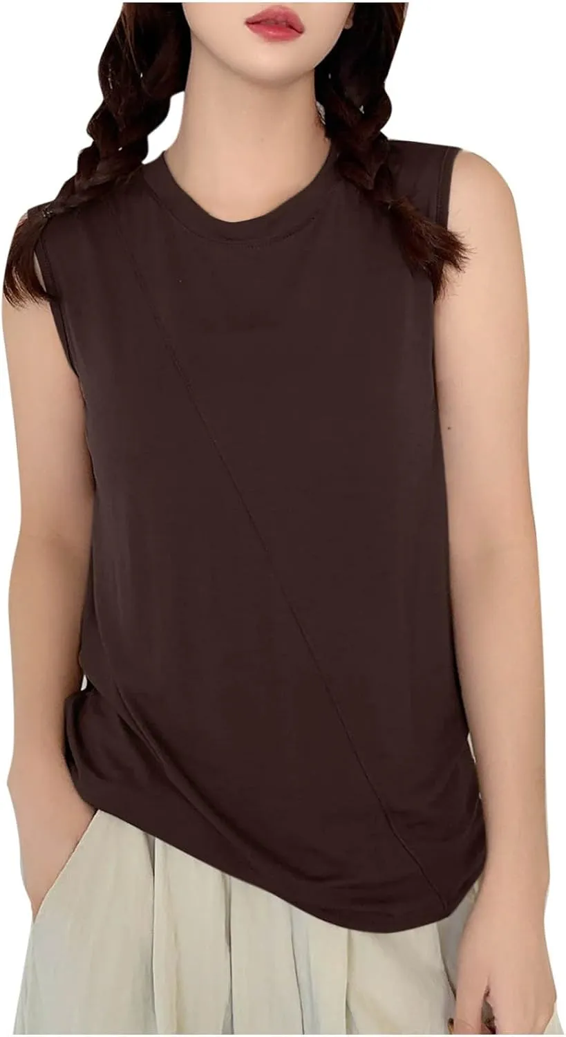 Summer Tank Tops for Women Solid Fashion Crewneck Sleeveless Blouse Casual Loose Fit Athletic Quick Dry Tee Shirts