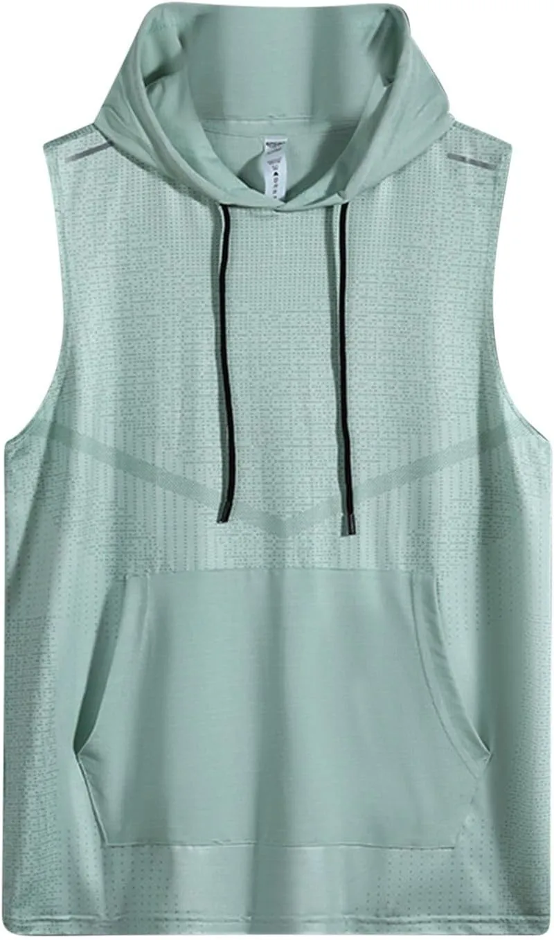 Summer Training Workout Shirts Mens Sleeveless Hoodie Quick Dry Active Tank Tops Casual Loose Fit Tshirt with Pocket
