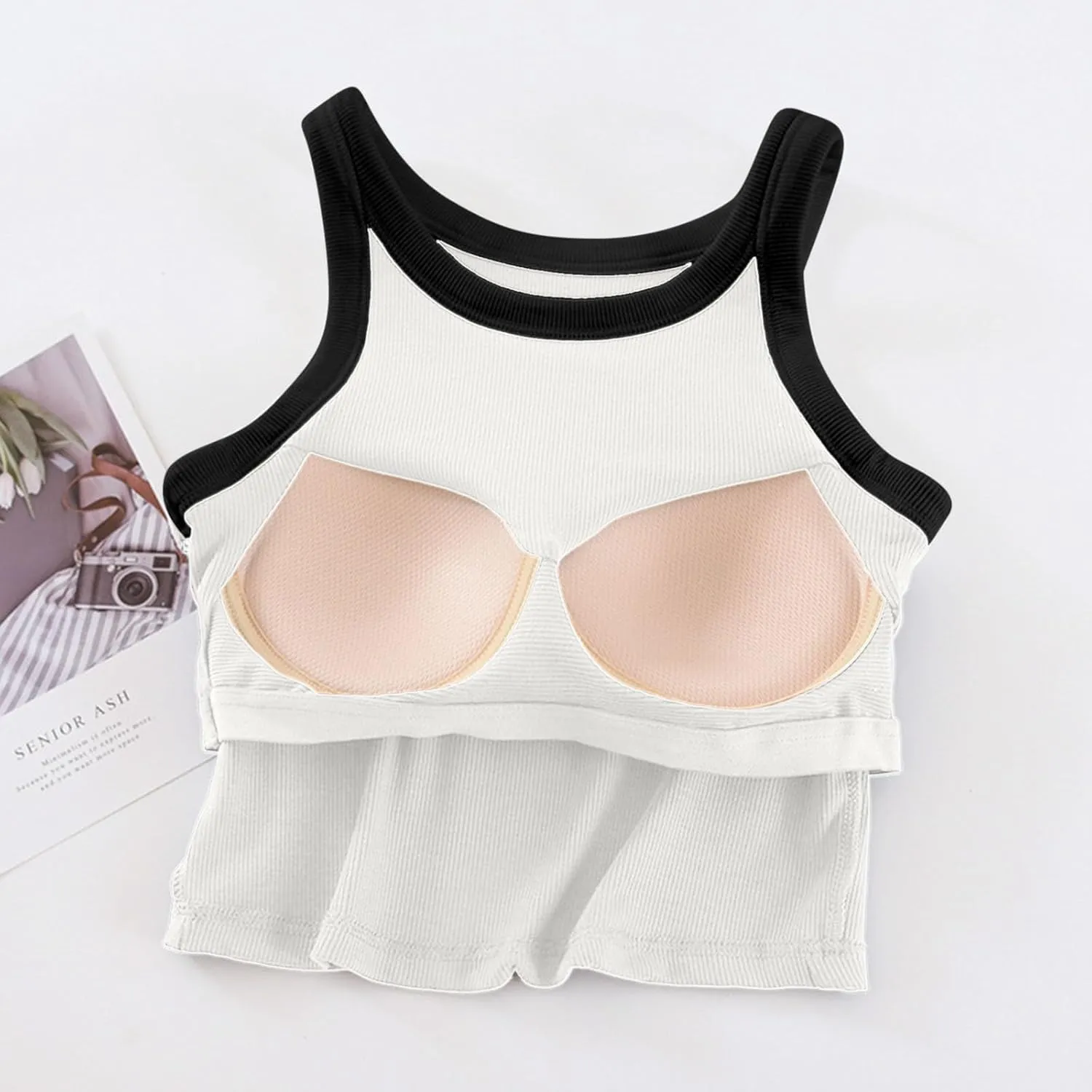 Tank Top for Women with Built-in Padded Bra Contrast Color Camisole Knit Cami Shirts Sports Yoga Crop Tops Gym Vest
