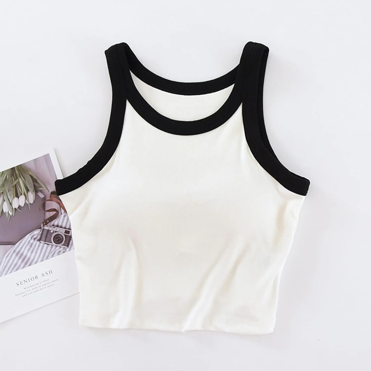 Tank Top for Women with Built-in Padded Bra Contrast Color Camisole Knit Cami Shirts Sports Yoga Crop Tops Gym Vest