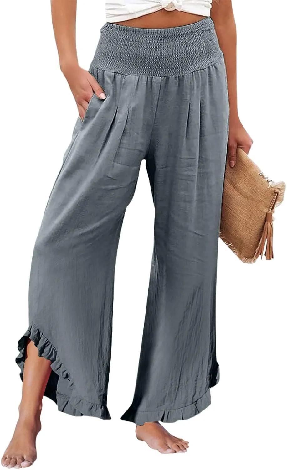 Wide Leg Linen Pants Women Summer Smocked High Waisted Palazzo Pants Ruffle Hem Flowy Baggy Beach Pant with Pockets