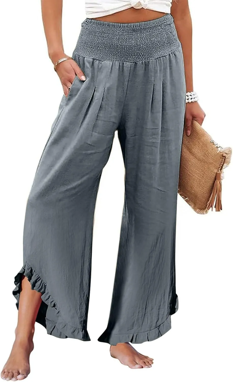 Wide Leg Linen Pants Women Summer Smocked High Waisted Palazzo Pants Ruffle Hem Flowy Baggy Beach Pant with Pockets