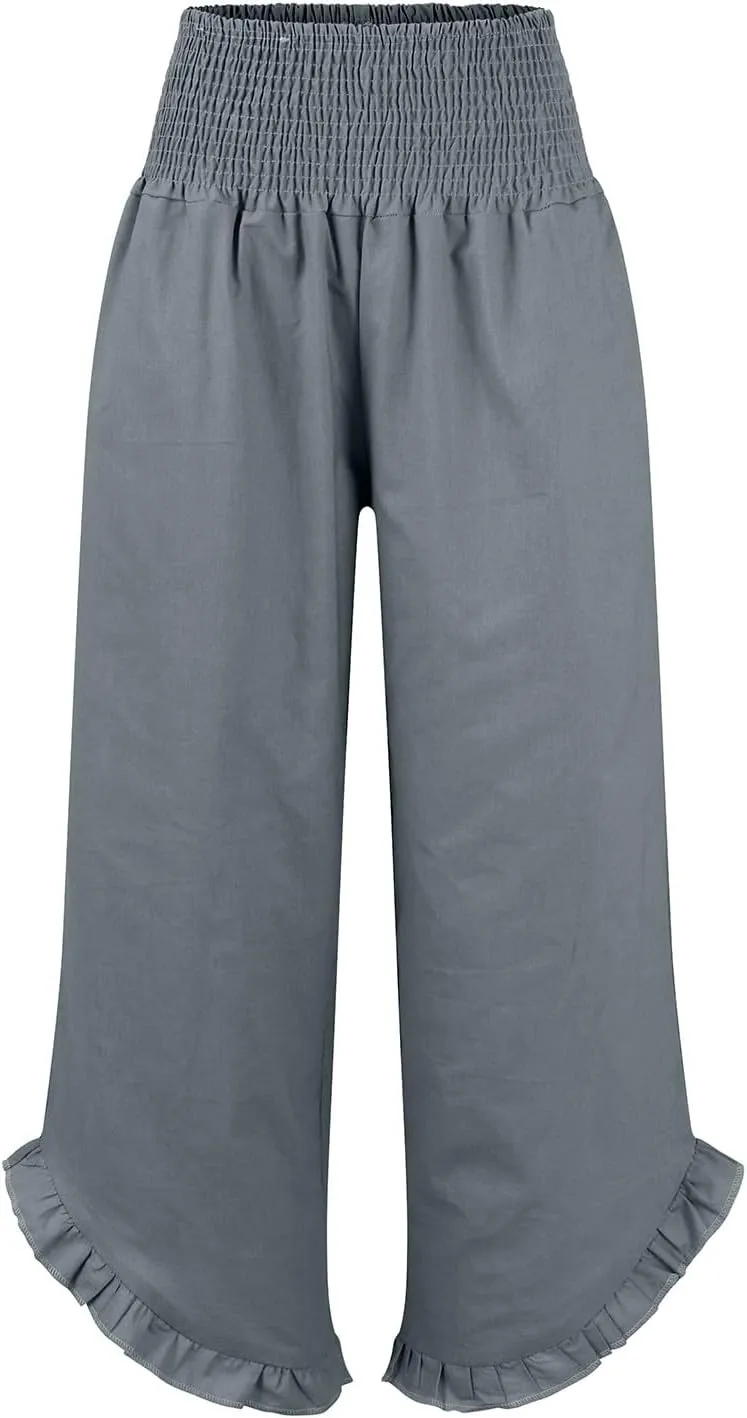 Wide Leg Linen Pants Women Summer Smocked High Waisted Palazzo Pants Ruffle Hem Flowy Baggy Beach Pant with Pockets