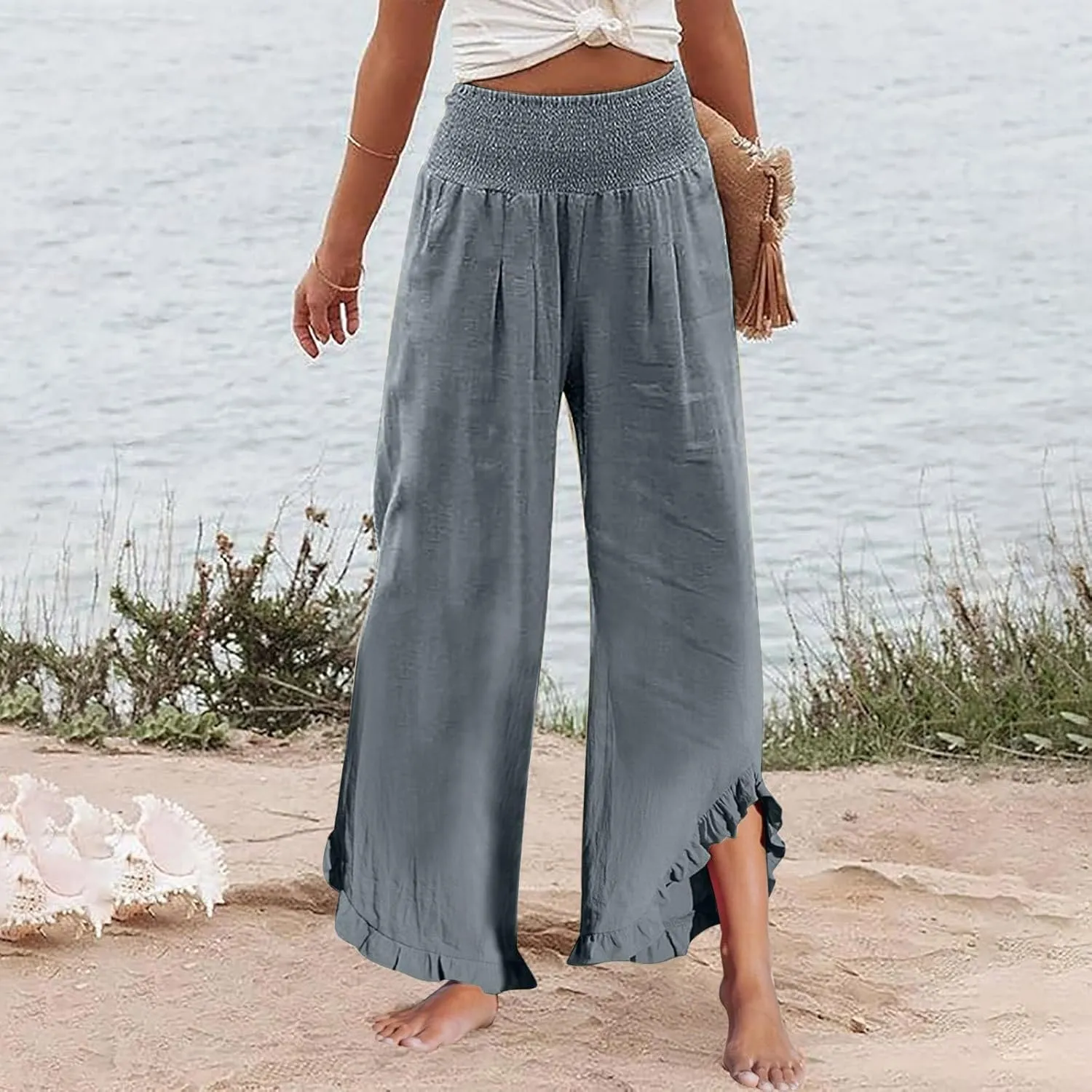 Wide Leg Linen Pants Women Summer Smocked High Waisted Palazzo Pants Ruffle Hem Flowy Baggy Beach Pant with Pockets