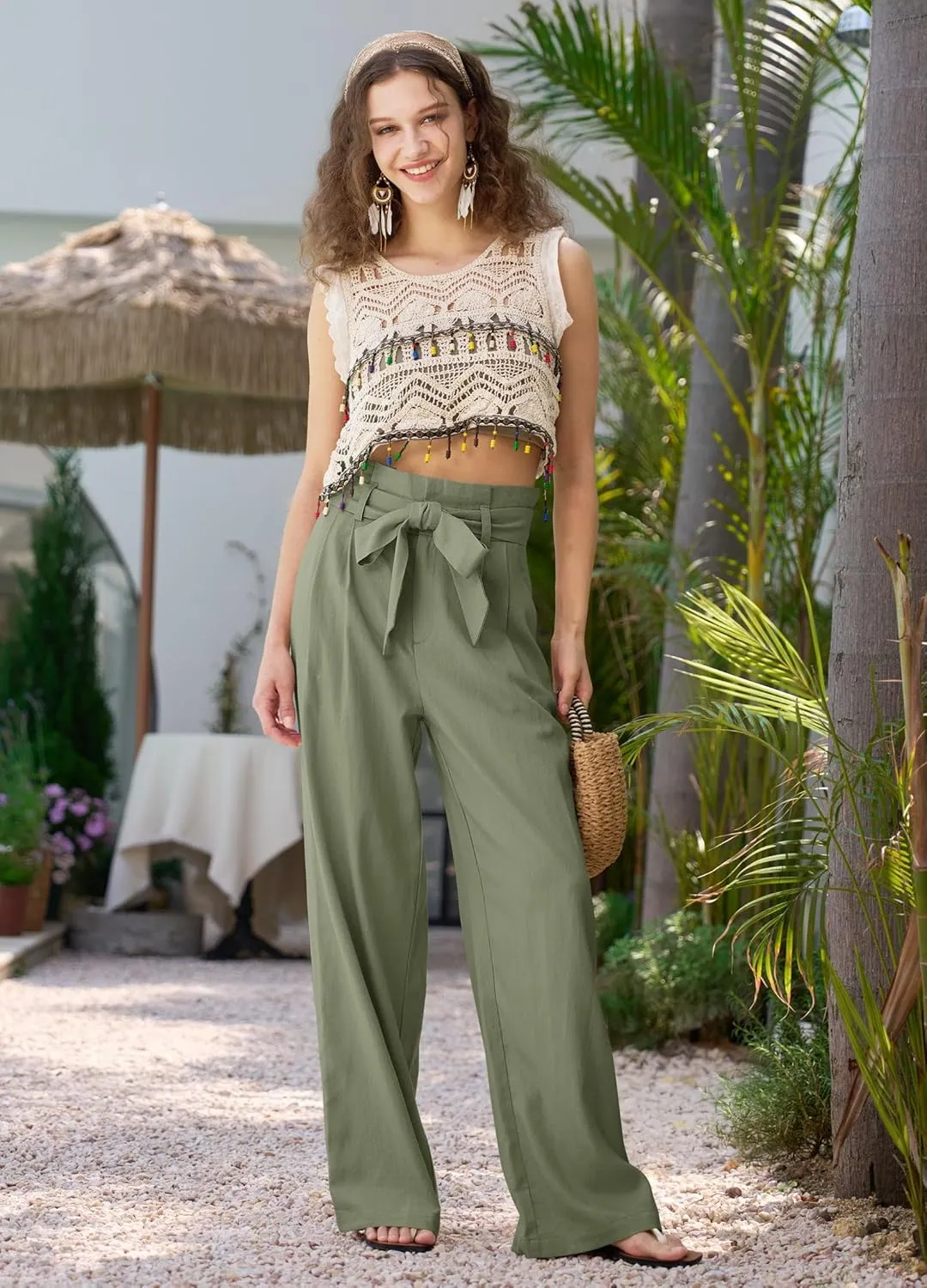 Willit Women Linen Pants Casual Wide Leg Dress Pants High Waisted Paperbag Work Slacks Flowy Summer Tie Knot Trousers Pockets 28"/30"/ 32''