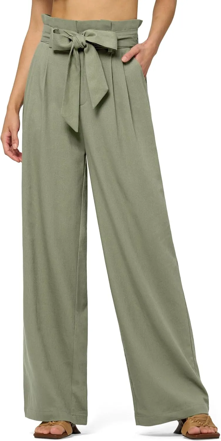 Willit Women Linen Pants Casual Wide Leg Dress Pants High Waisted Paperbag Work Slacks Flowy Summer Tie Knot Trousers Pockets 28"/30"/ 32''