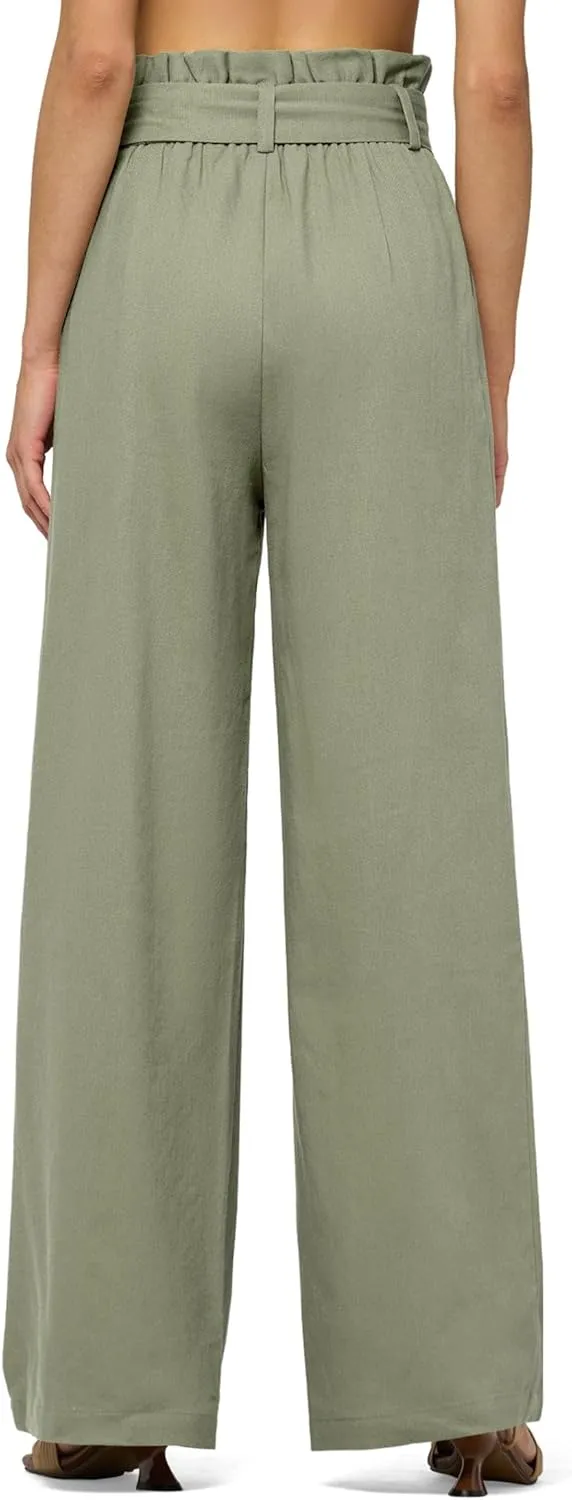 Willit Women Linen Pants Casual Wide Leg Dress Pants High Waisted Paperbag Work Slacks Flowy Summer Tie Knot Trousers Pockets 28"/30"/ 32''