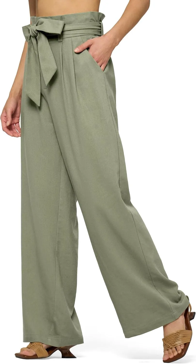 Willit Women Linen Pants Casual Wide Leg Dress Pants High Waisted Paperbag Work Slacks Flowy Summer Tie Knot Trousers Pockets 28"/30"/ 32''
