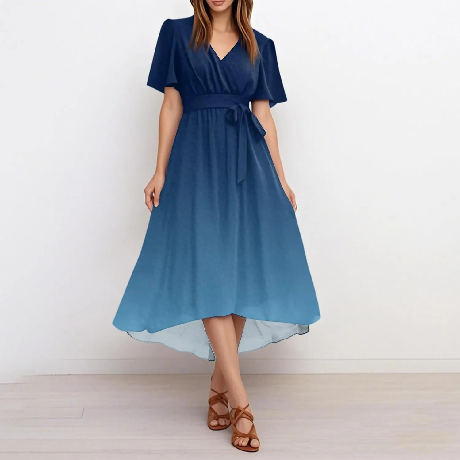 Womens Boho Floral Printed Flowy Wrap Short Sexy Dresses 2025 Elegant V Neck Belted Summer Wedding Prom Cocktail Midi Dress