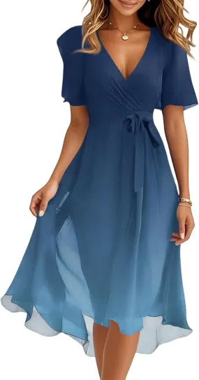 Womens Boho Floral Printed Flowy Wrap Short Sexy Dresses 2025 Elegant V Neck Belted Summer Wedding Prom Cocktail Midi Dress