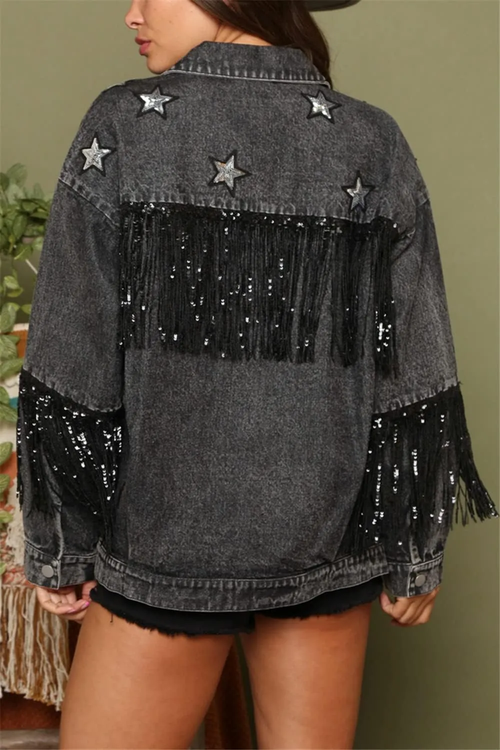 Women's Boyfriend Denim Jacket Long Sleeve Oversized Fringe Jean Jacket Coats