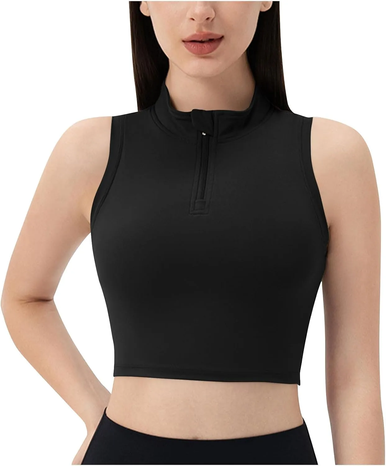 Womens Crop Tops with Removable Bra Front Half Zip Stand Collar Tank Slim Fit Sleeveless Shirt Gym Yoga Golf Clothes