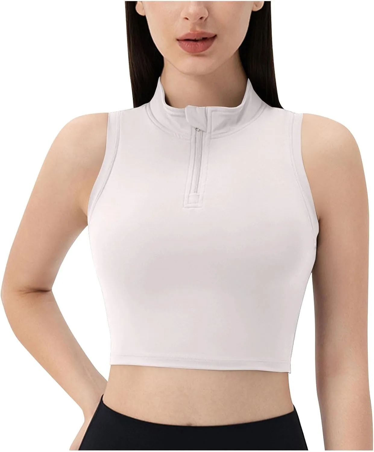 Womens Crop Tops with Removable Bra Front Half Zip Stand Collar Tank Slim Fit Sleeveless Shirt Gym Yoga Golf Clothes