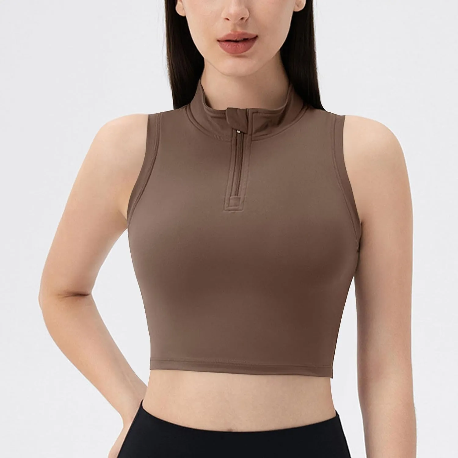 Womens Crop Tops with Removable Bra Front Half Zip Stand Collar Tank Slim Fit Sleeveless Shirt Gym Yoga Golf Clothes