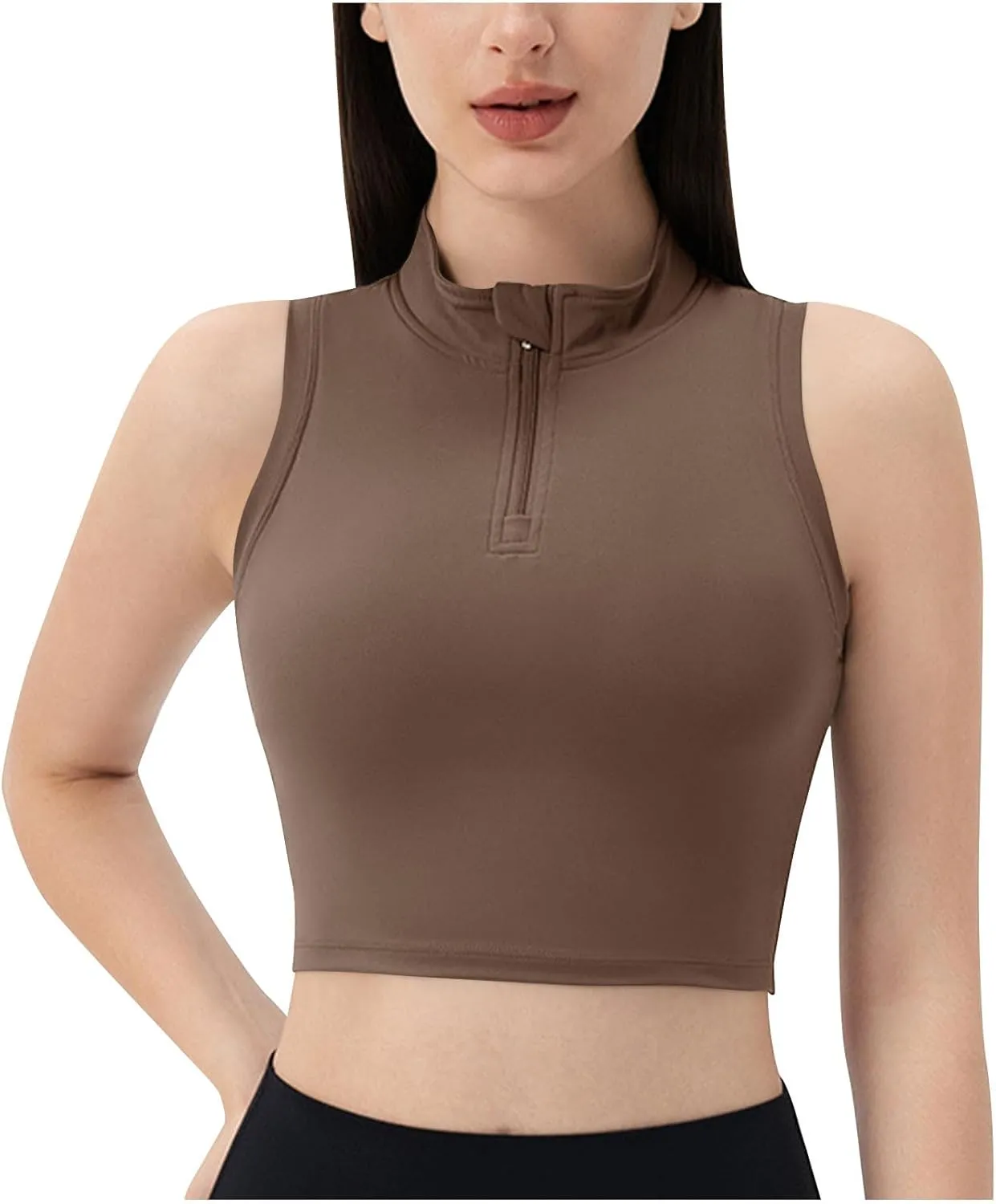 Womens Crop Tops with Removable Bra Front Half Zip Stand Collar Tank Slim Fit Sleeveless Shirt Gym Yoga Golf Clothes