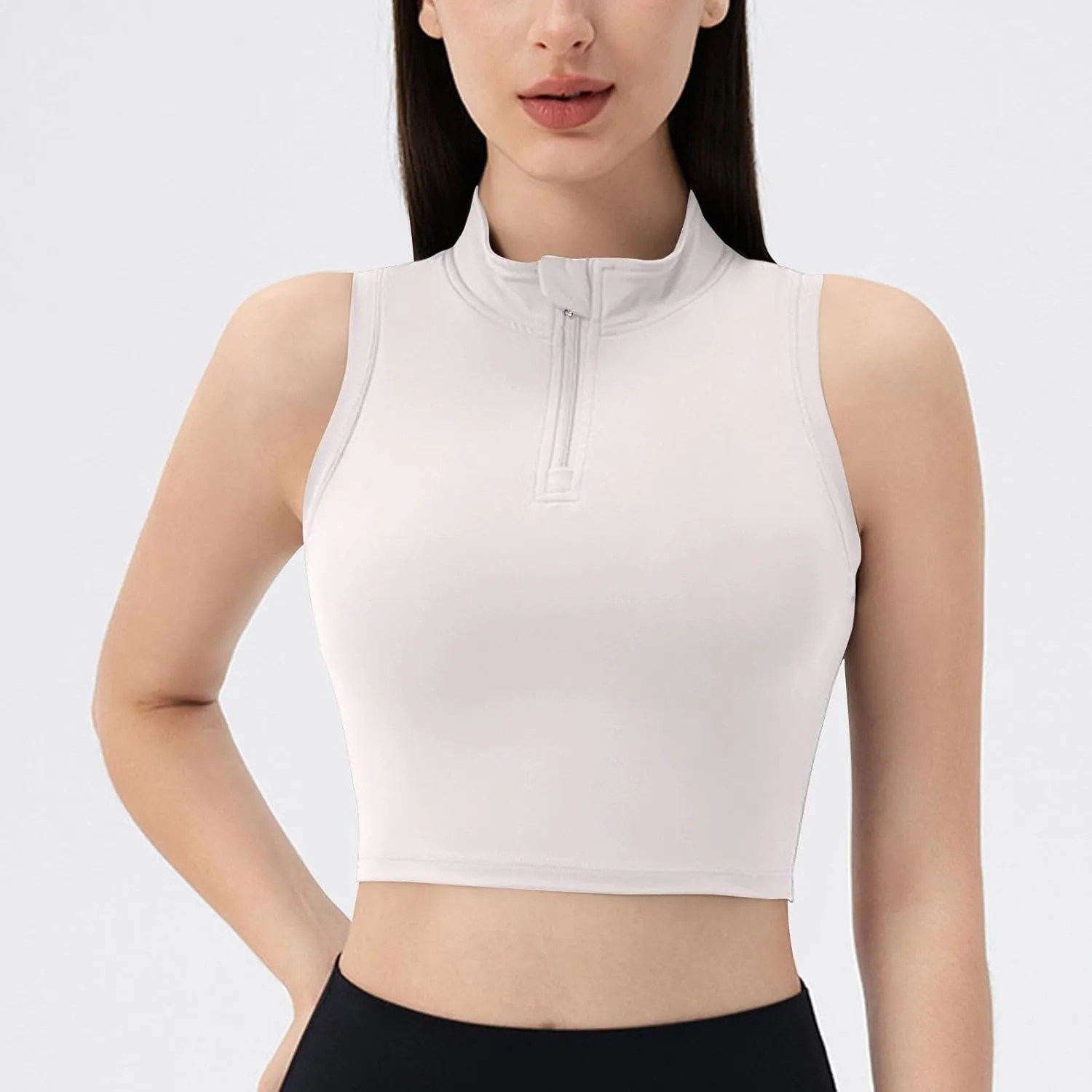 Womens Crop Tops with Removable Bra Front Half Zip Stand Collar Tank Slim Fit Sleeveless Shirt Gym Yoga Golf Clothes