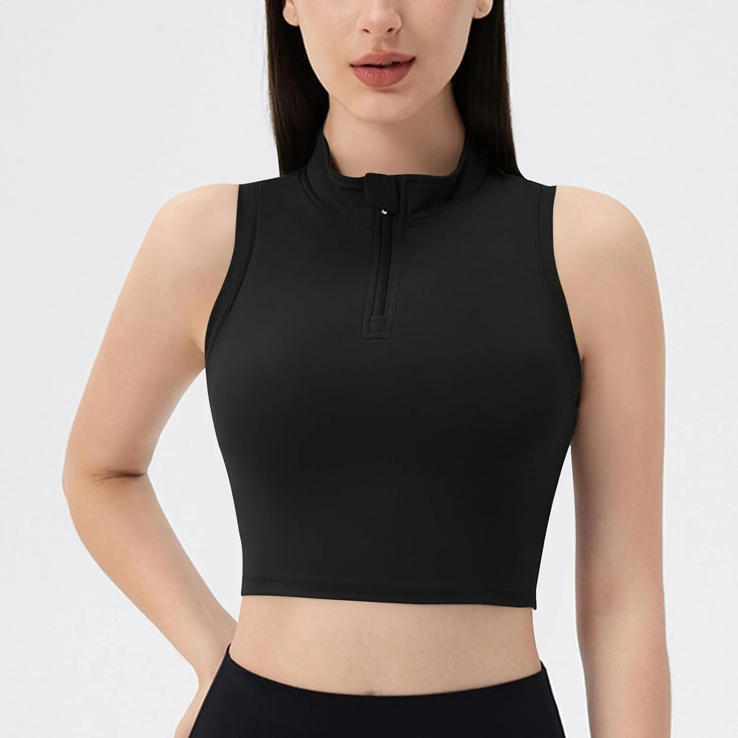 Womens Crop Tops with Removable Bra Front Half Zip Stand Collar Tank Slim Fit Sleeveless Shirt Gym Yoga Golf Clothes