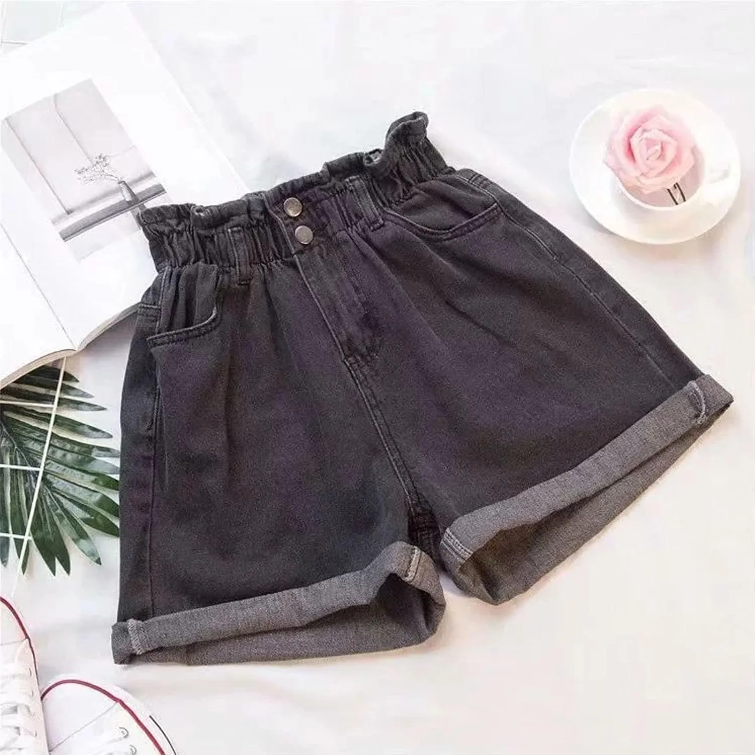 Womens Denim Shorts Summer Stretchy High Waisted Wide Leg Vocation Jean Shorts Trendy Baggy Casual Beach Jean Short