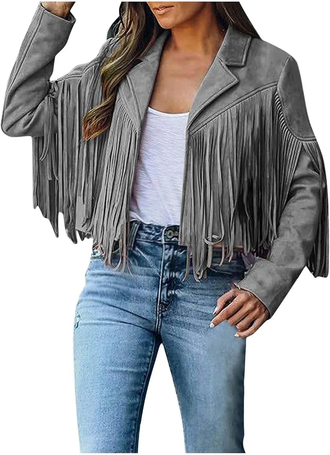 Women's Faux Suede Leather Fringe Jacket Cowgirl Crop Moto Biker Jackets Open Front Tassel Coat Tops 2024 Trendy