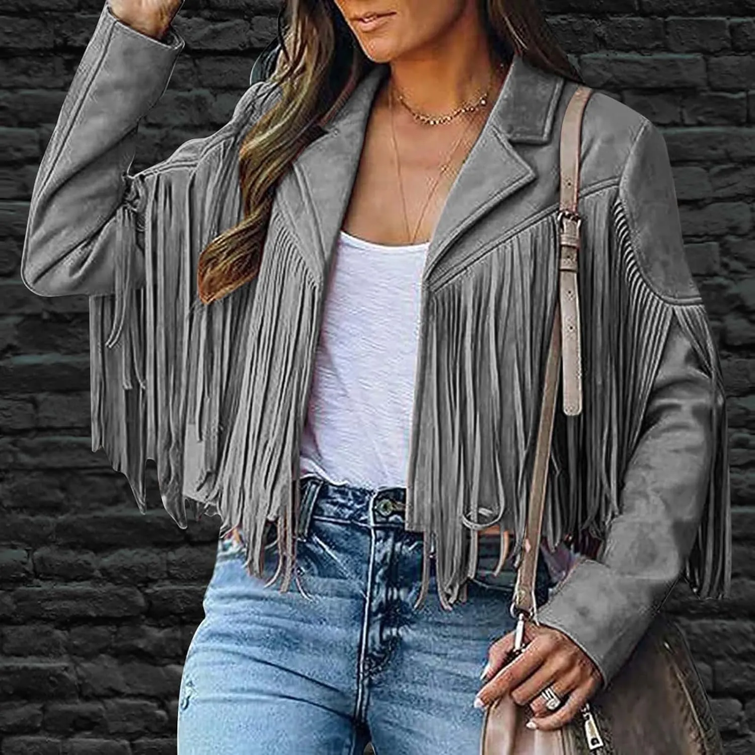 Women's Faux Suede Leather Fringe Jacket Cowgirl Crop Moto Biker Jackets Open Front Tassel Coat Tops 2024 Trendy