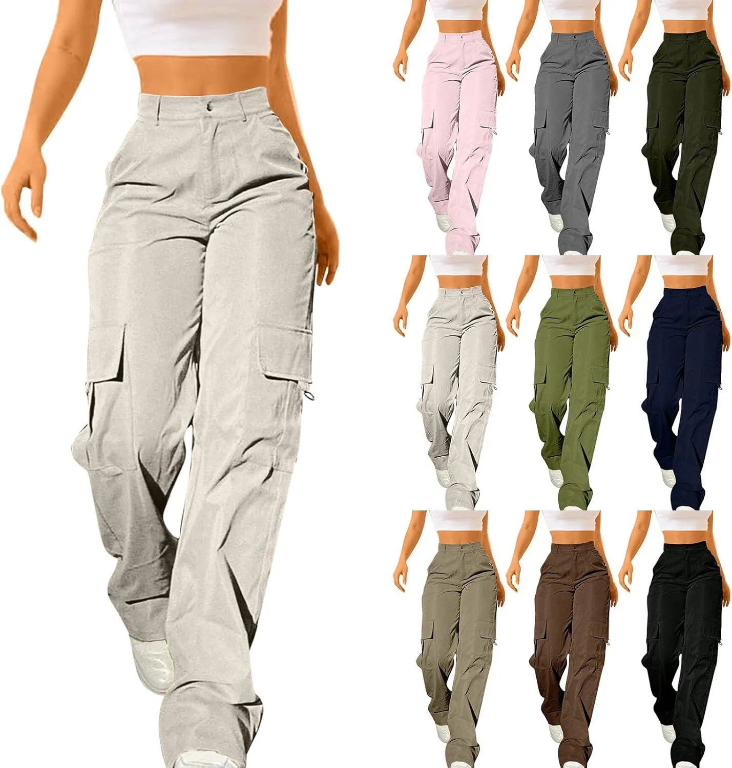 Womens Hiking Wide Leg Cargo Pants Lightweight Quick Dry Outdoor High Waisted Buttons Workout Pants with Pockets