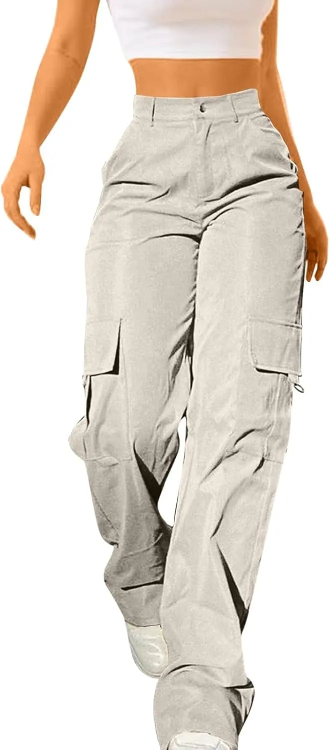 Womens Hiking Wide Leg Cargo Pants Lightweight Quick Dry Outdoor High Waisted Buttons Workout Pants with Pockets