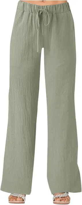 Women's Linen Casual High Waist Wide Leg Straight Dress Cotton Linen Pants Button Trousers