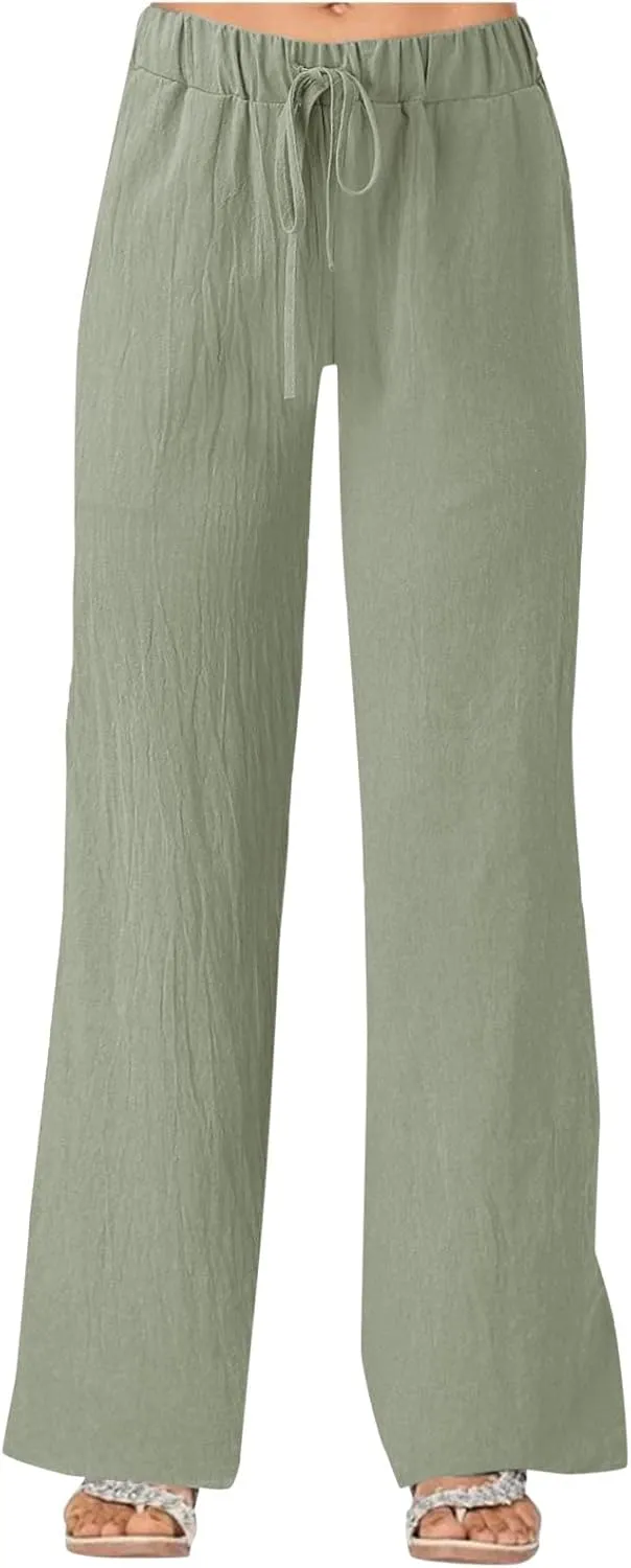 Women's Linen Casual High Waist Wide Leg Straight Dress Cotton Linen Pants Button Trousers